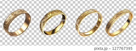 Gold Engraved Wedding Rings Set. Elegant Jewelry Design Collection Isolated On Transparent Background Gold Engraved Wedding Rings Set. Elegant Jewelry Design Collection Isolated On Transparent Background 127767395