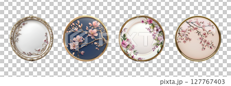 Elegant Floral Porcelain Plates Set. Artistic Tableware And Home Decor Collection Isolated On Transparent Background 127767403