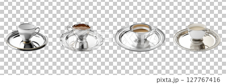 Elegant Silver Teacup And Saucer Set. Luxury Dining And Tableware Collection Isolated On Transparent Background 127767416