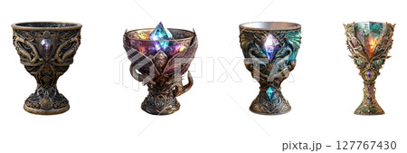 Ornate Fantasy Goblets With Gemstones Set. Mythical And Magical Chalices Collection Isolated On Transparent Background Ornate Fantasy Goblets With Gemstones Set. Mythical And Magical Chalices Collection Isolated On Transparent Background 127767430