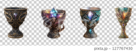 Ornate Fantasy Goblets With Gemstones Set. Mythical And Magical Chalices Collection Isolated On Transparent Background Ornate Fantasy Goblets With Gemstones Set. Mythical And Magical Chalices Collection Isolated On Transparent Background 127767430
