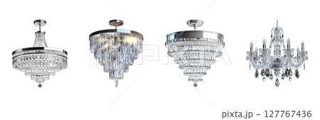 Elegant Crystal Chandeliers Set. Luxurious Lighting And Interior Design Collection Isolated On Transparent Background 127767436