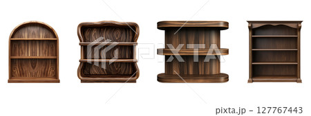 Wooden Bookshelf Designs Set. Elegant Storage Solutions Collection Isolated On Transparent Background 127767443