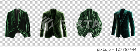 Green Velvet Blazers Collection. Luxurious Fashion And Style Ensemble Isolated On Transparent Background Green Velvet Blazers Collection. Luxurious Fashion And Style Ensemble Isolated On Transparent Background 127767444