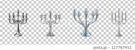 Elegant Silver Candelabra Designs Set. Luxurious Home Decor And Lighting Collection Isolated On Transparent Background Elegant Silver Candelabra Designs Set. Luxurious Home Decor And Lighting Collection Isolated On Transparent Background 127767452