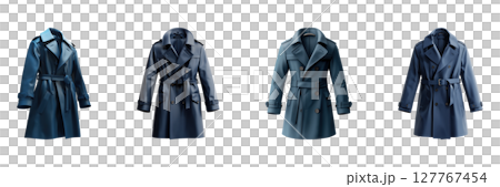Blue Trench Coats Collection Set. Fashionable Outerwear For Stylish Winter Wardrobe Isolated On Transparent Background 127767454