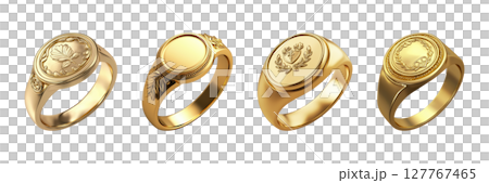 Gold Signet Rings Collection. Elegant Jewelry Design And Craftsmanship Showcase Isolated On Transparent Background 127767465