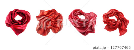 Red Silk Scarves Collection. Elegant Fashion Accessories Set Isolated On Transparent Background 127767466