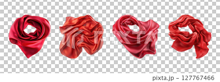 Red Silk Scarves Collection. Elegant Fashion Accessories Set Isolated On Transparent Background 127767466