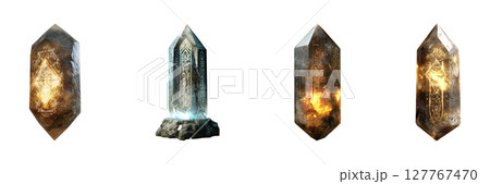 Mystical Crystal Obelisks With Glowing Runes Set. Fantasy And Magic Artifacts Collection Isolated On Transparent Background 127767470