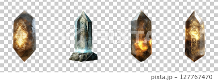 Mystical Crystal Obelisks With Glowing Runes Set. Fantasy And Magic Artifacts Collection Isolated On Transparent Background 127767470