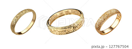 Gold Floral Engraved Rings Set. Elegant Jewelry Design Collection Isolated On Transparent Background Gold Floral Engraved Rings Set. Elegant Jewelry Design Collection Isolated On Transparent Background 127767504