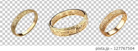 Gold Floral Engraved Rings Set. Elegant Jewelry Design Collection Isolated On Transparent Background Gold Floral Engraved Rings Set. Elegant Jewelry Design Collection Isolated On Transparent Background 127767504