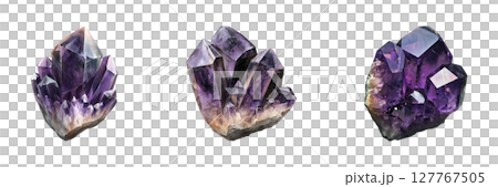 Amethyst Crystal Cluster Set. Natural Healing And Mineral Collection Isolated On Transparent Background 127767505