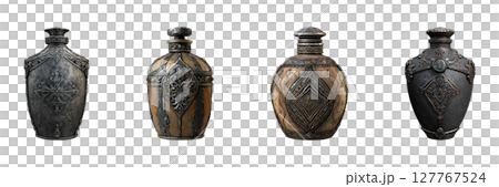 Ornate Vintage Bottles Set. Antique Decorative Containers Collection Isolated On Transparent Background 127767524