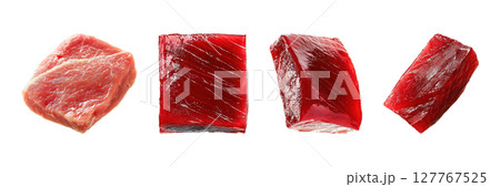 Raw Tuna And Beef Cuts Set. Fresh Seafood And Meat Selection Collection Isolated On Transparent Background 127767525