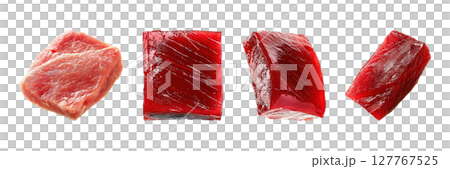 Raw Tuna And Beef Cuts Set. Fresh Seafood And Meat Selection Collection Isolated On Transparent Background 127767525