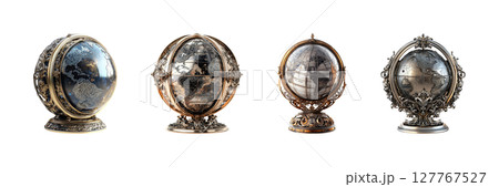 Ornate Antique Globes Set. Vintage Cartography And Decorative Art Collection Isolated On Transparent Background 127767527