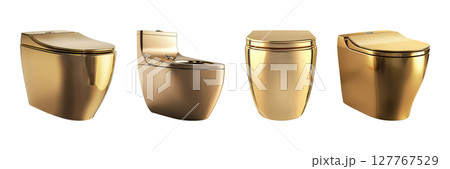 Luxurious Gold Toilet Designs Set. Opulent Bathroom Fixtures Collection Isolated On Transparent Background 127767529
