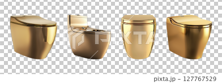 Luxurious Gold Toilet Designs Set. Opulent Bathroom Fixtures Collection Isolated On Transparent Background 127767529