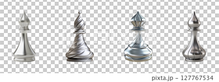 Silver Chess Bishop Pieces Set. Elegant Game Strategy And Design Collection Isolated On Transparent Background 127767534