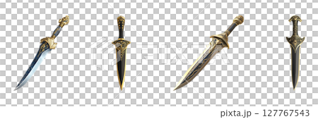 Exquisite Fantasy Daggers And Swords Set. Medieval Weaponry And Design Collection Isolated On Transparent Background 127767543
