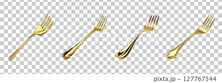 Golden Forks Collection. Luxury Dining And Elegant Tableware Set Isolated On Transparent Background 127767544