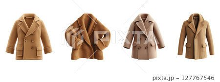 Four Stylish Brown Coats Set. Fashionable Outerwear For Autumn And Winter Collection Isolated On Transparent Background 127767546