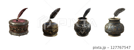 Ornate Inkwell And Quill Set. Vintage Writing Tools Collection Isolated On Transparent Background 127767547