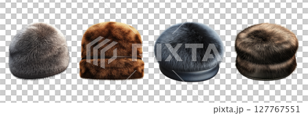Fur Hat Collection Set. Luxurious Winter Fashion Accessories Collection Isolated On Transparent Background 127767551
