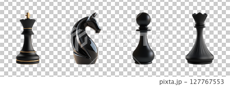 Black Chess Pieces Set. Strategic Thinking And Game Design Collection Isolated On Transparent Background 127767553