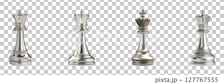 Silver Chess Queen Pieces Set. Luxury Strategy And Game Design Collection Isolated On Transparent Background 127767555