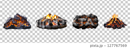 Artificial Fireplace Log And Ember Set. Home Decor And Heating Solutions Collection Isolated On Transparent Background 127767569