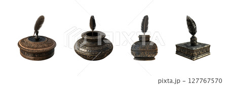 Antique Inkwell And Quill Set. Vintage Writing Instruments Collection Isolated On Transparent Background 127767570