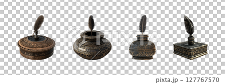 Antique Inkwell And Quill Set. Vintage Writing Instruments Collection Isolated On Transparent Background 127767570