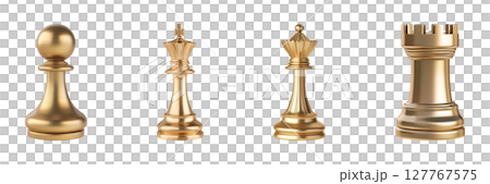 Golden Chess Pieces Set. Luxury Strategy And Game Collection Isolated On Transparent Background 127767575