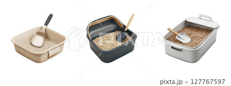 Cat Litter Boxes With Scoops Set. Pet Hygiene And Maintenance Collection Isolated On Transparent Background 127767597