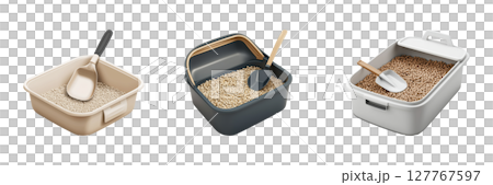 Cat Litter Boxes With Scoops Set. Pet Hygiene And Maintenance Collection Isolated On Transparent Background 127767597