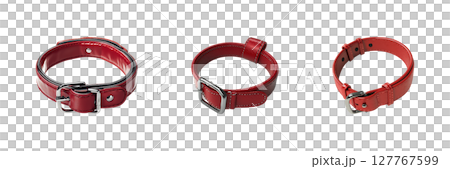 Red Leather Dog Collars Set. Pet Accessories And Fashion Collection Isolated On Transparent Background 127767599
