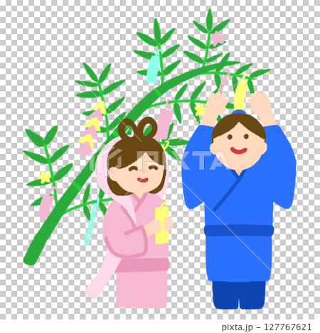 七夕の飾りつけをしている織姫と彦星 127767621