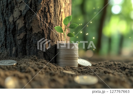 Stack of silver coins with green plants sprouting from them, glowing eco-friendly light Stack of silver coins with green plants sprouting from them, glowing eco-friendly light 127767663