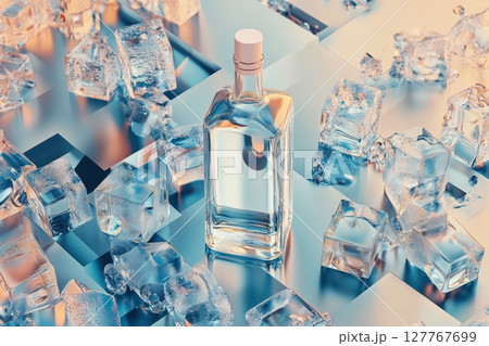 A bottle of vodka next to ice cubes. A bottle of vodka next to ice cubes. 127767699