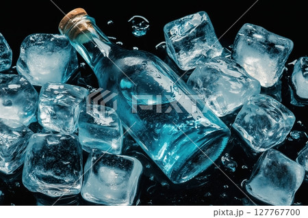A bottle nestled amongst sparkling ice cubes A bottle nestled amongst sparkling ice cubes 127767700