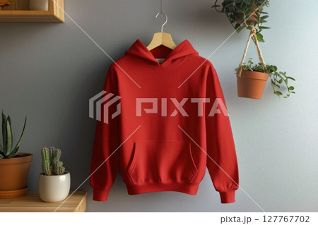 A unisex hoodie on a hanger with a wall in the background A unisex hoodie on a hanger with a wall in the background 127767702