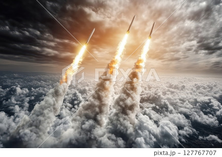 Hypersonic missiles flies through clouds.. Modern weapon. 127767707