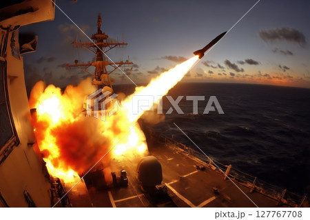 Ship Ballistic missiles launch at sunset. Modern weapon. 127767708