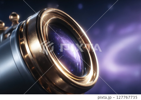 Sleek modern telescope glowing with golden accents, aimed at a vibrant swirling galaxy Sleek modern telescope glowing with golden accents, aimed at a vibrant swirling galaxy 127767735