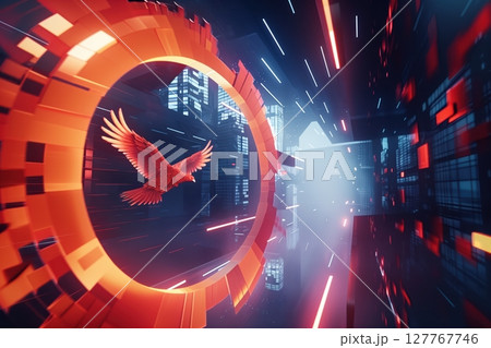 Digital Fiery phoenix rising from a swirl of digital particles in red and orange, glowing embers Digital Fiery phoenix rising from a swirl of digital particles in red and orange, glowing embers 127767746