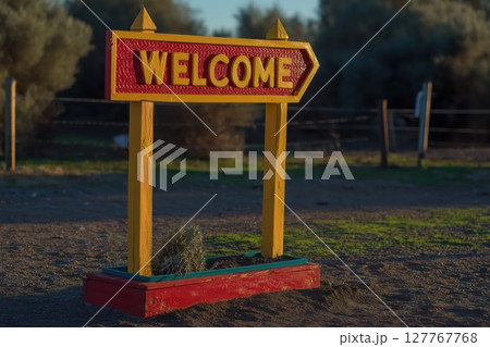 Red Welcome sign on the road 127767768