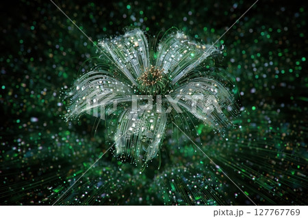 Mechanical flower with silver petals and glowing green circuits Mechanical flower with silver petals and glowing green circuits 127767769